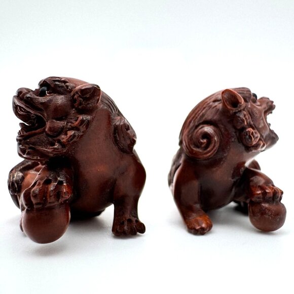 Ojime Netsuke 2 Foo Dog Lion Figurines Hand-Carved Boxwood Signed No Hole #2.2 - Picture 7 of 8